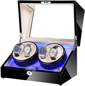 Automatic Watch Winder,Automatic Watch Winder Box 4 Built-in LED Light Black Piano Paint Exterior Dual Power Supply Quiet Motor