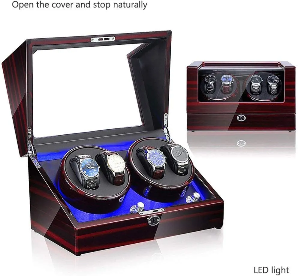 Automatic Winder, with Quiet Motor LED 5 Rotation Modes 4 Watches for Men and Women Storage Display Case Box Watch Winder Display Watch Box Watch Storage