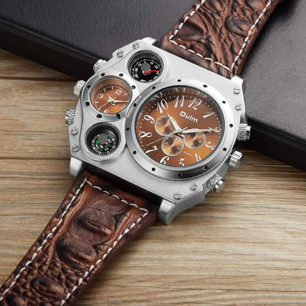 Avaner Mens Big Face Watch, Dual Time Zone Leather Strap Sport Watch, Analog Quartz Wrist Watch with Decorative Compass Thermometer Dial