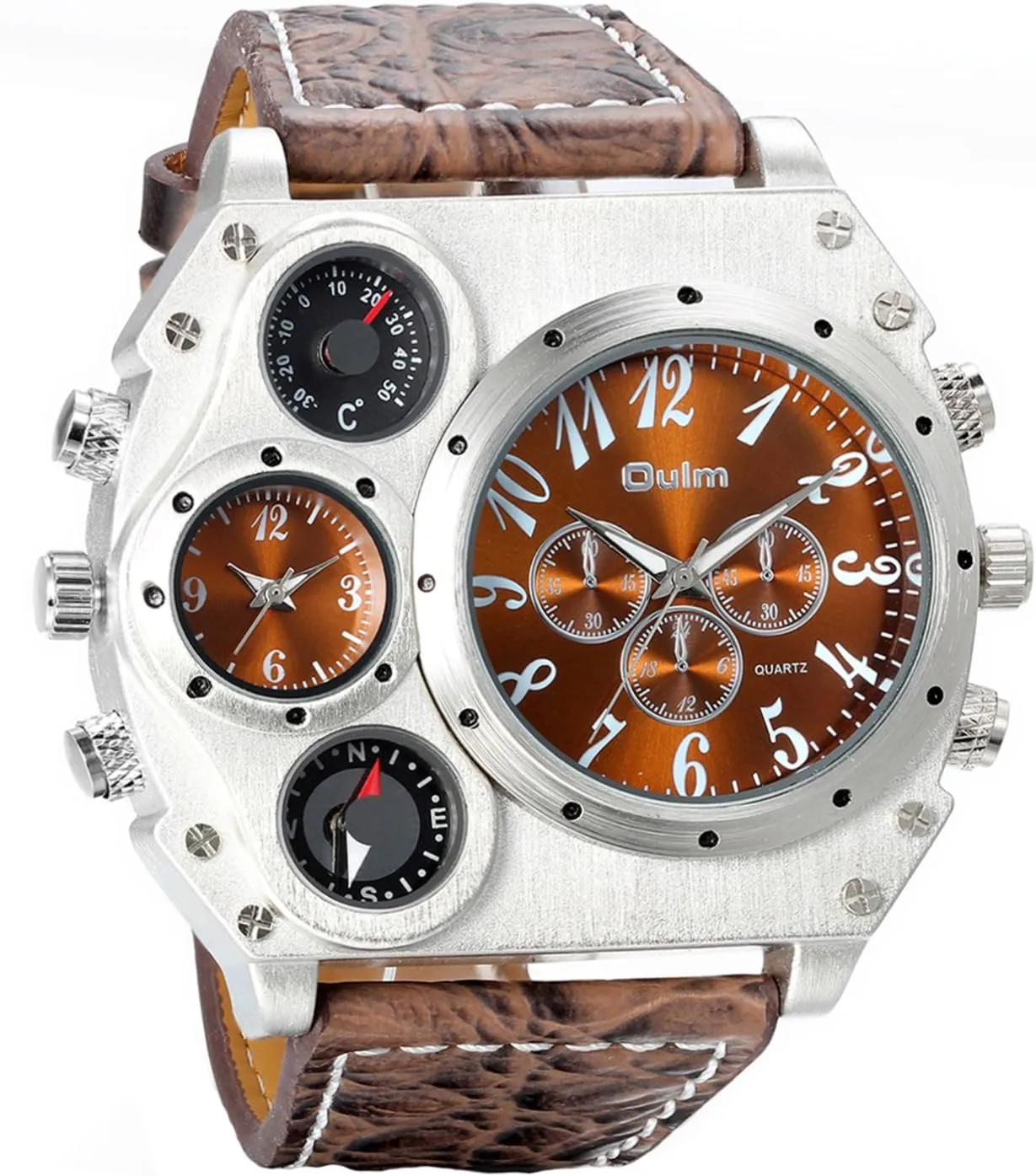 Avaner Mens Big Face Watch, Dual Time Zone Leather Strap Sport Watch, Analog Quartz Wrist Watch with Decorative Compass Thermometer Dial