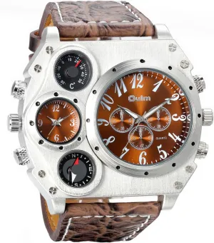 Avaner Mens Big Face Watch, Dual Time Zone Leather Strap Sport Watch, Analog Quartz Wrist Watch with Decorative Compass Thermometer Dial