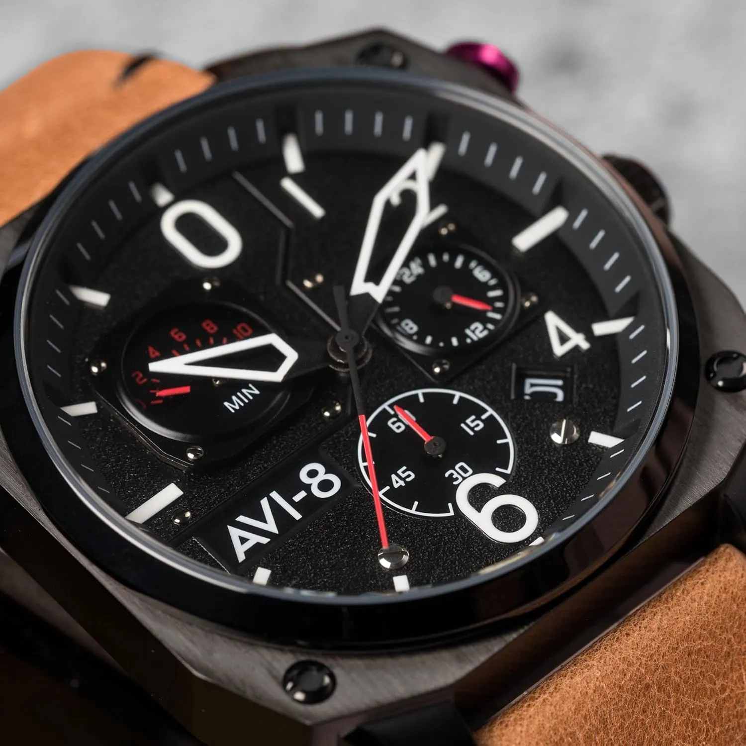 AVI-8 Mens 45mm Hawker Hunter Retrograde Chronograph Japanese Quartz Pilot Watch with Leather, Rubber or Stainless Steel Strap AV-4052