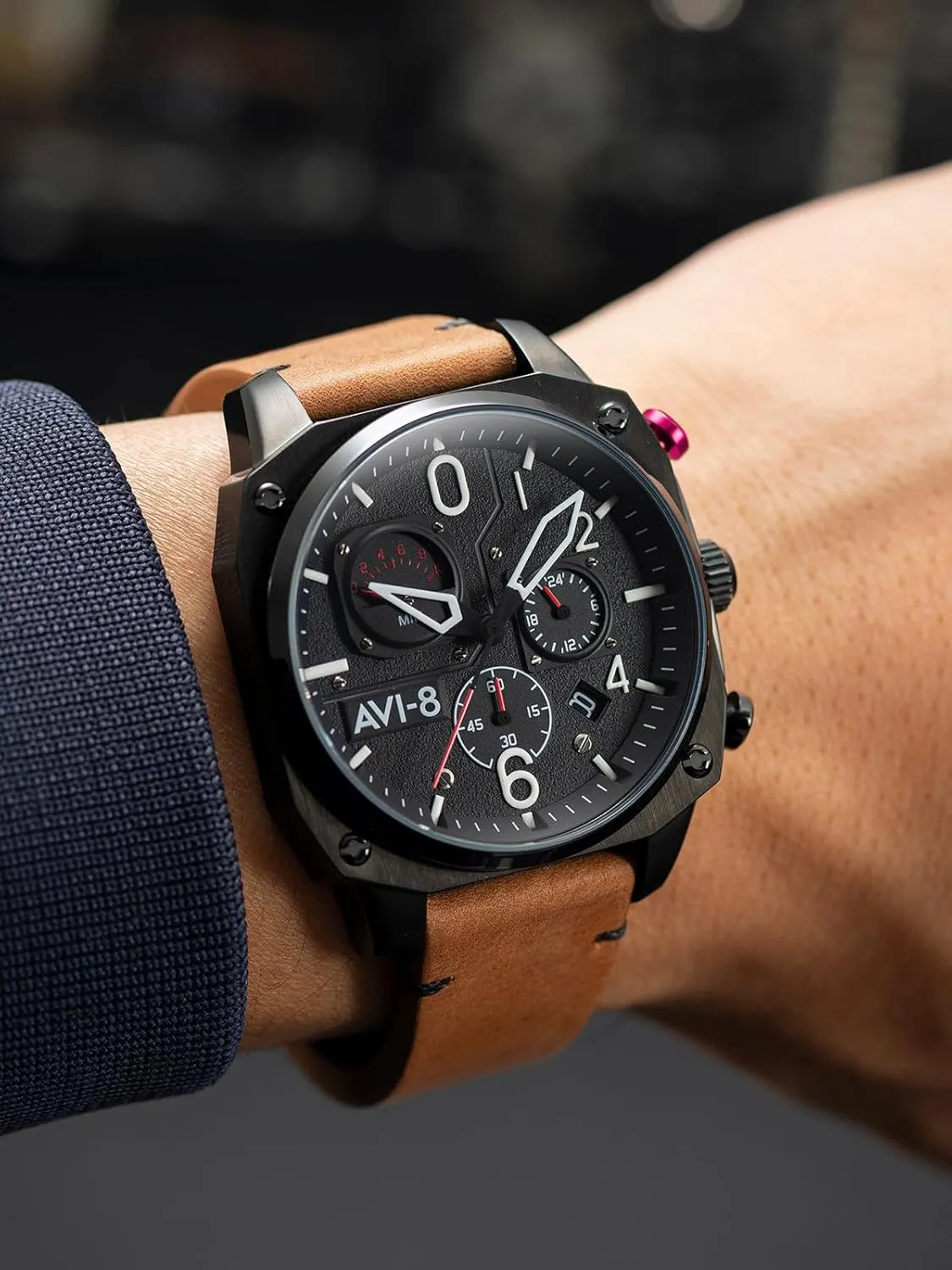 AVI-8 Mens 45mm Hawker Hunter Retrograde Chronograph Japanese Quartz Pilot Watch with Leather, Rubber or Stainless Steel Strap AV-4052