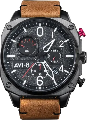 AVI-8 Mens 45mm Hawker Hunter Retrograde Chronograph Japanese Quartz Pilot Watch with Leather, Rubber or Stainless Steel Strap AV-4052