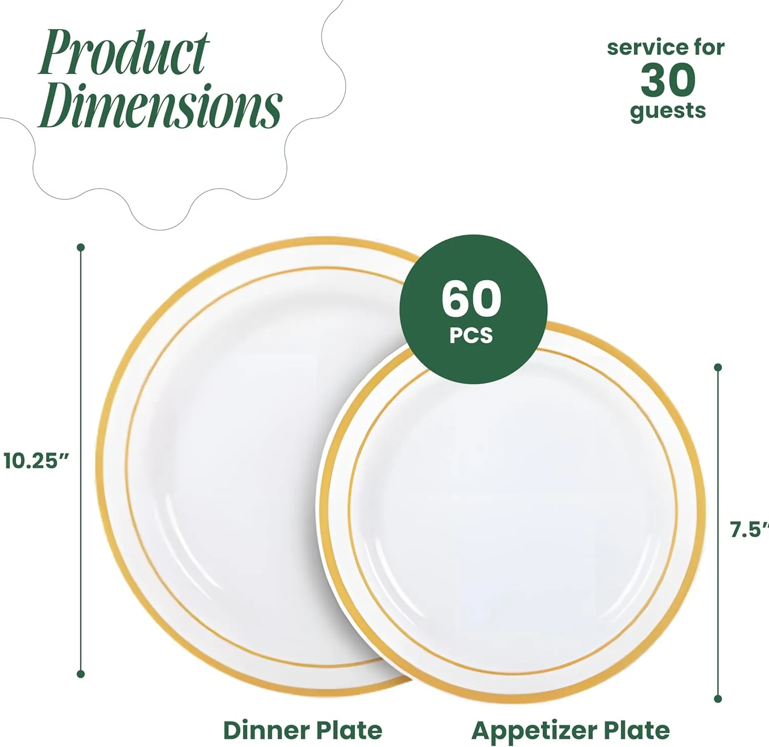 Aya's 60 Gold Rimmed Plastic Plates for Party, Heavy Duty Disposable Set of 30 Dinner and 30 Dessert Plates, Elegant Fancy Design for Weddings, Parties, and Special Events
