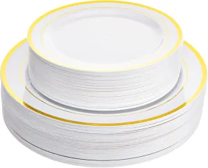 Aya's 60 Gold Rimmed Plastic Plates for Party, Heavy Duty Disposable Set of 30 Dinner and 30 Dessert Plates, Elegant Fancy Design for Weddings, Parties, and Special Events