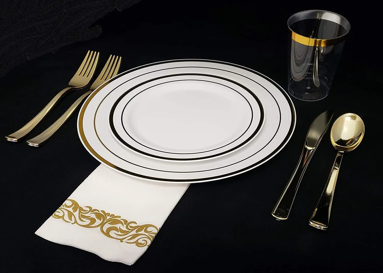 Aya's 60 Gold Rimmed Plastic Plates for Party, Heavy Duty Disposable Set of 30 Dinner and 30 Dessert Plates, Elegant Fancy Design for Weddings, Parties, and Special Events