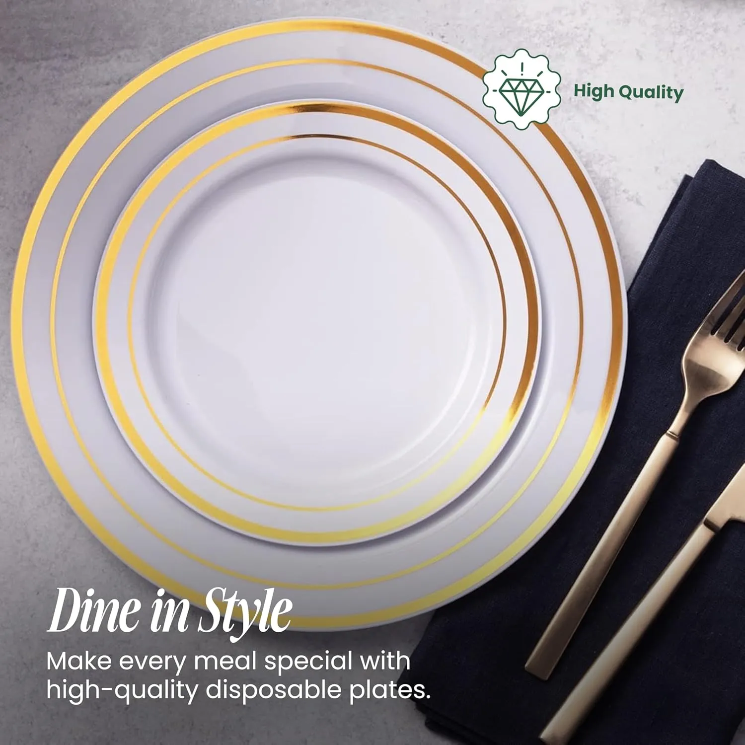 Aya's 60 Gold Rimmed Plastic Plates for Party, Heavy Duty Disposable Set of 30 Dinner and 30 Dessert Plates, Elegant Fancy Design for Weddings, Parties, and Special Events