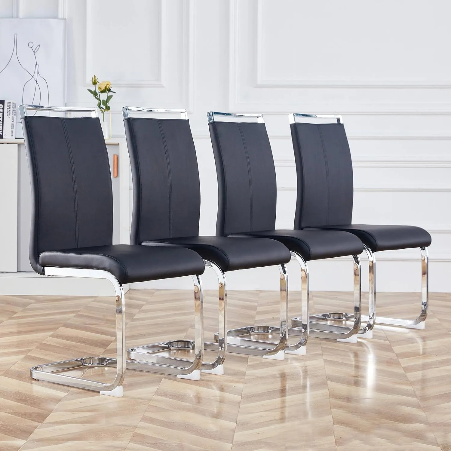 AZmac Modern Leather Dining Chairs Set of 4,Armless Kitchen Chairs,Dining Room Chairs with Upholstered Padded Seat and Sturdy Chrome Legs for Dining Room,Kitchen (Set of 4, Black PU Leather)