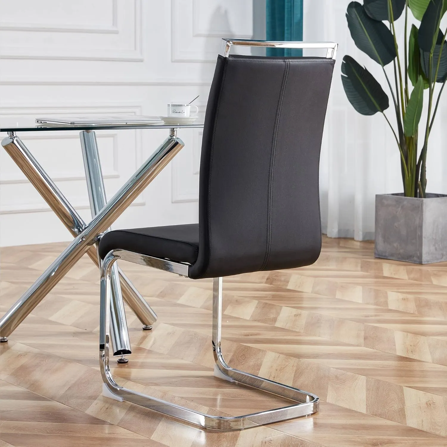 AZmac Modern Leather Dining Chairs Set of 4,Armless Kitchen Chairs,Dining Room Chairs with Upholstered Padded Seat and Sturdy Chrome Legs for Dining Room,Kitchen (Set of 4, Black PU Leather)