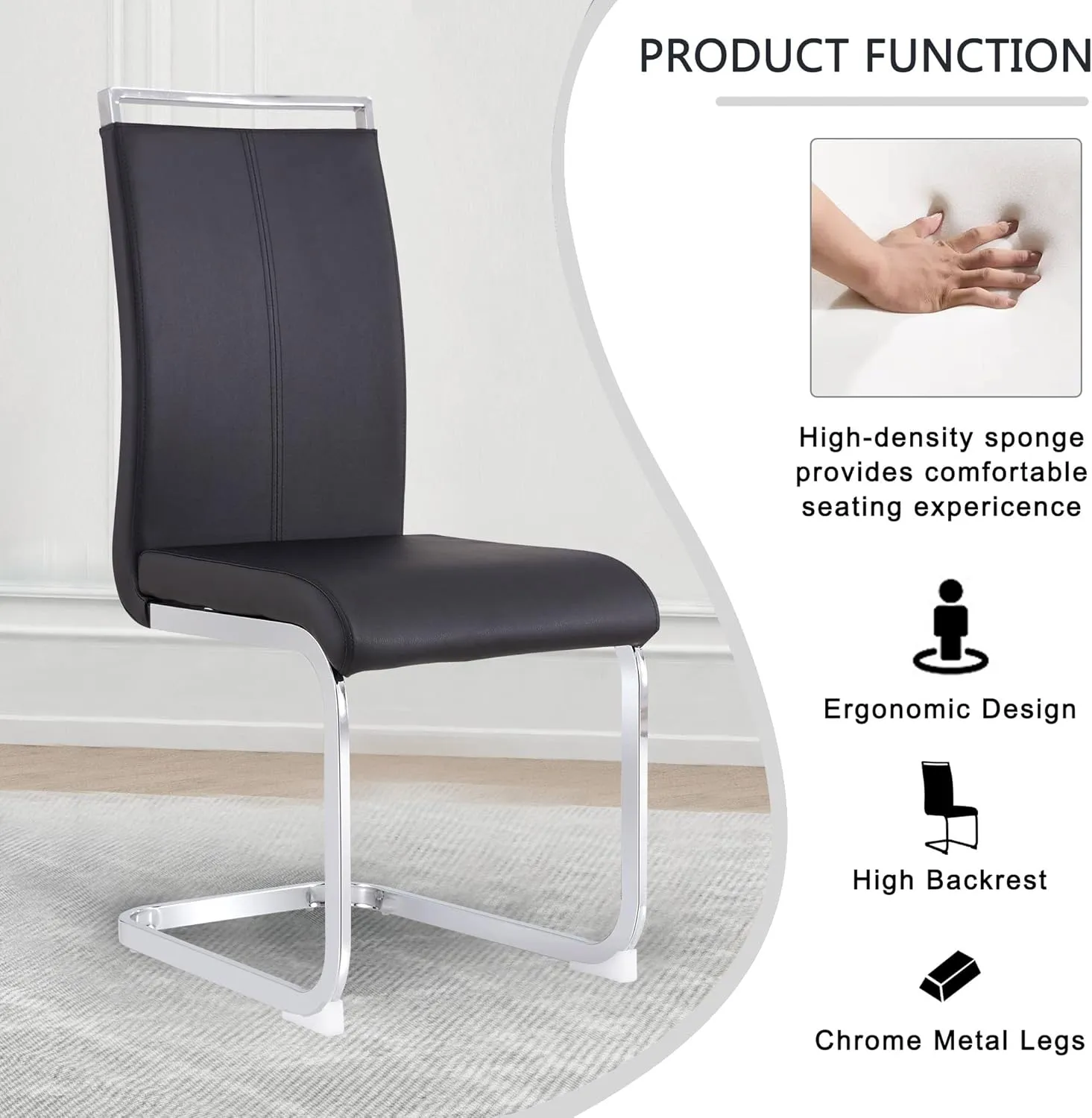 AZmac Modern Leather Dining Chairs Set of 4,Armless Kitchen Chairs,Dining Room Chairs with Upholstered Padded Seat and Sturdy Chrome Legs for Dining Room,Kitchen (Set of 4, Black PU Leather)