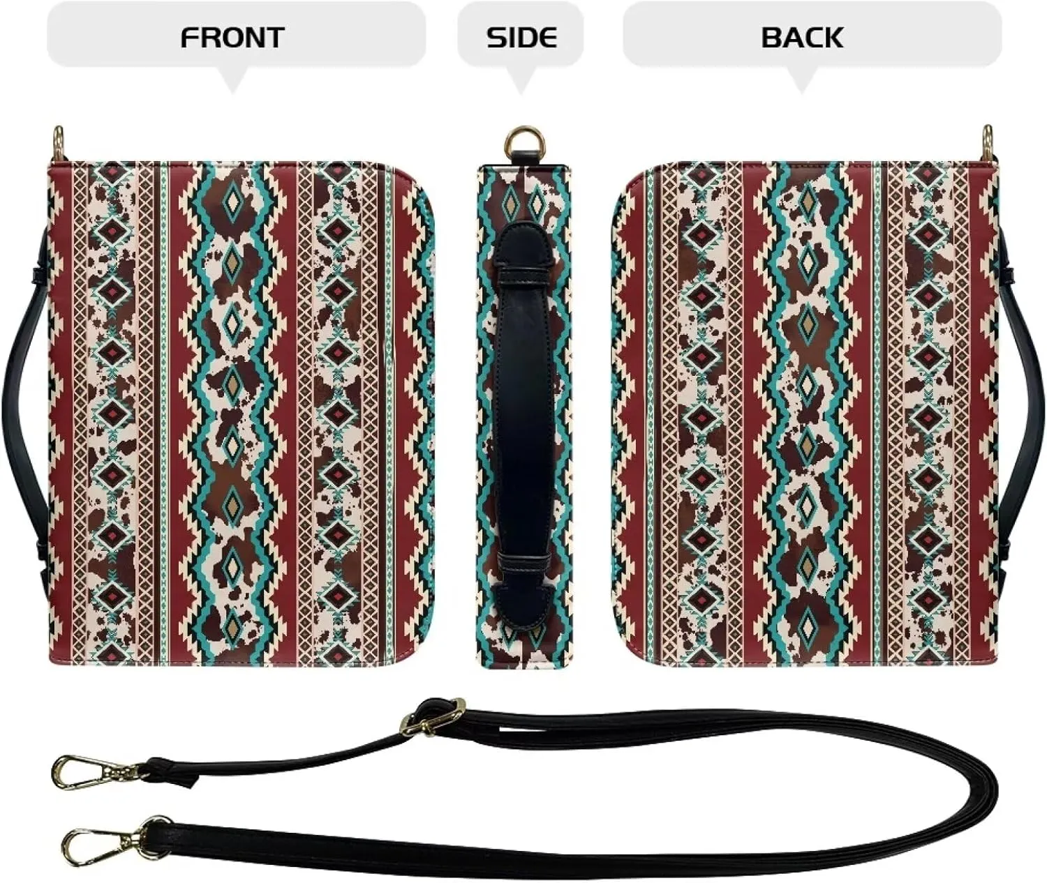 Aztec Style Bible Cover for Women Girls, PU Leather Bible Tote Bag with Shoulder Strap, Storage Bible Carrying Case Waterproof Bible Holder for Study Bible, Brown, L