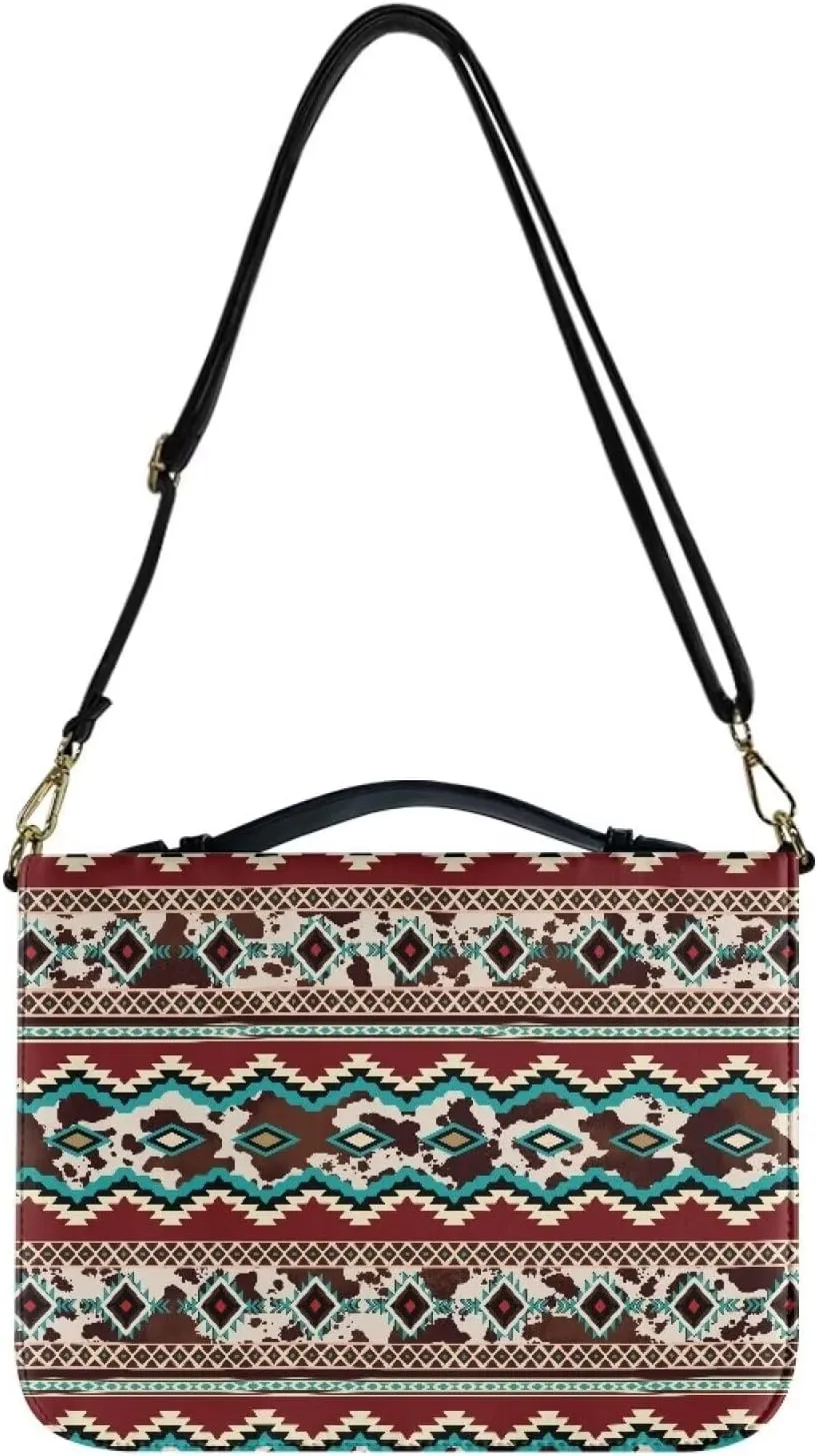 Aztec Style Bible Cover for Women Girls, PU Leather Bible Tote Bag with Shoulder Strap, Storage Bible Carrying Case Waterproof Bible Holder for Study Bible, Brown, L