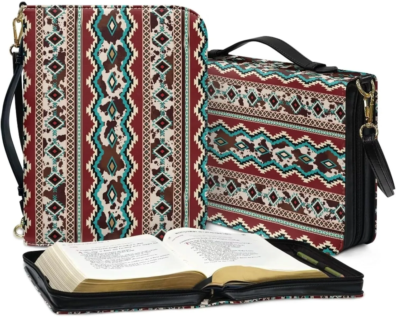 Aztec Style Bible Cover for Women Girls, PU Leather Bible Tote Bag with Shoulder Strap, Storage Bible Carrying Case Waterproof Bible Holder for Study Bible, Brown, L