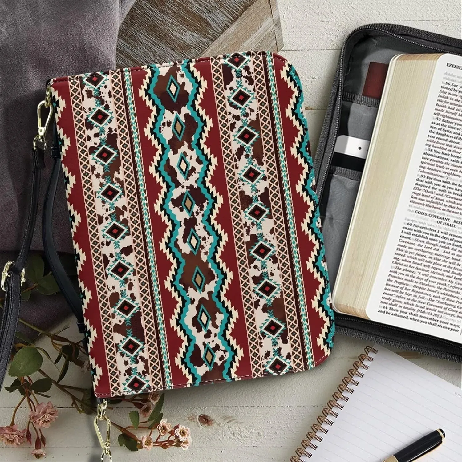 Aztec Style Bible Cover for Women Girls, PU Leather Bible Tote Bag with Shoulder Strap, Storage Bible Carrying Case Waterproof Bible Holder for Study Bible, Brown, L