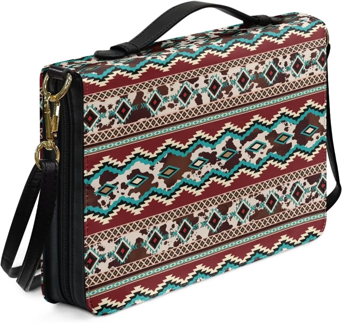 Aztec Style Bible Cover for Women Girls, PU Leather Bible Tote Bag with Shoulder Strap, Storage Bible Carrying Case Waterproof Bible Holder for Study Bible, Brown, L