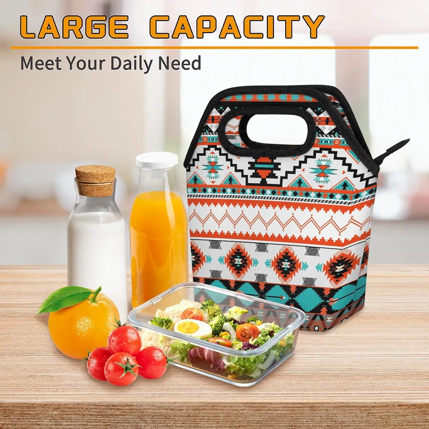 Aztec Tribe Pattern Lunch Tote Bag Washable Reusable Insulated Lunch Box for Women Men Soft Lightweight Leakproof Lunch Tote Handbag for Work Offices Picnic Travel Beach