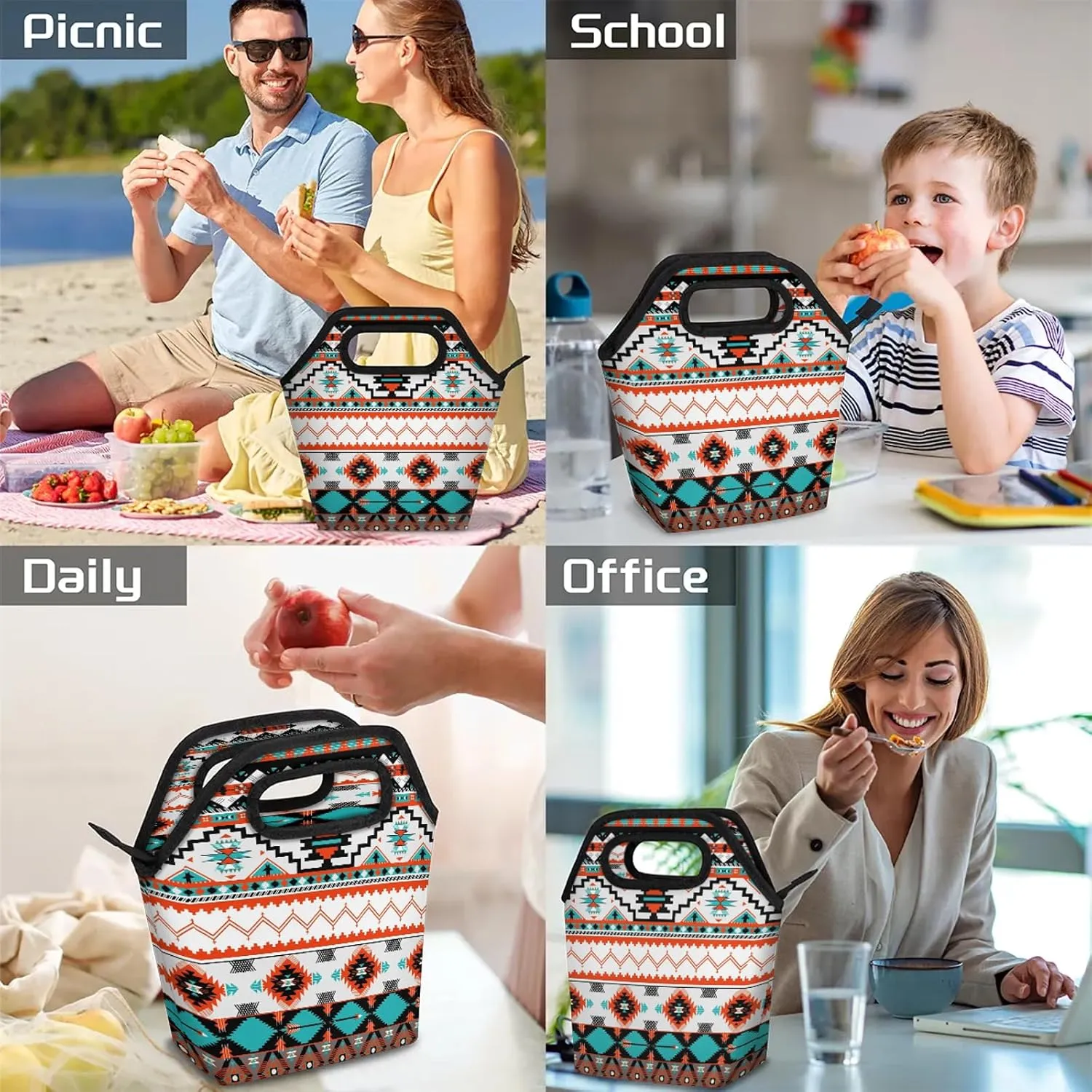 Aztec Tribe Pattern Lunch Tote Bag Washable Reusable Insulated Lunch Box for Women Men Soft Lightweight Leakproof Lunch Tote Handbag for Work Offices Picnic Travel Beach