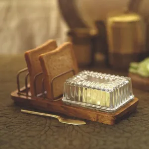 Baagh Wooden Breakfast Rack With Brass Spreader | Luxury Serving Plater & Butter Knife