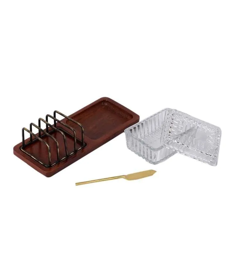 Baagh Wooden Breakfast Rack With Brass Spreader | Luxury Serving Plater & Butter Knife