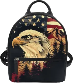 Backpack Purse for Women American Flag and Eagle Mini Backpack for Girls Mini Purse Shoulder Bags Casual Handbag Daypack for Travel Sports Hiking