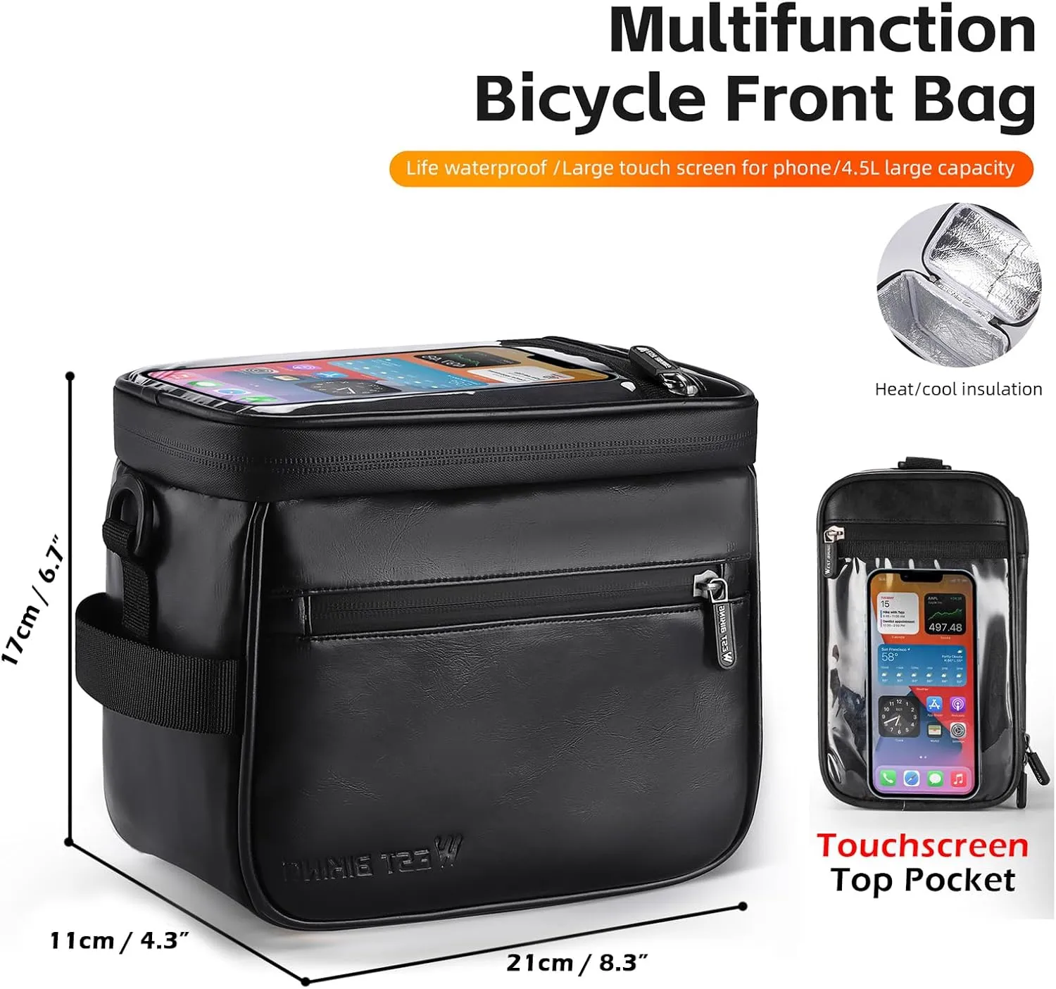 BAIGIO Bike Handlebar Bag with Touchscreen - Waterproof Bicycle Front Basket Cycling Accessory Storage Pack Small Shoulder Bag Insulated Lunch Bag with Removable Shoulder Strap