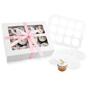 Bakery Cupcake Boxes and Cake Carrier: 12 Treat Holder Storage Boxes - Disposable Bakery Box with Clear Window, 12 Removable Inserts/Holders for a Dozen Cupcakes, 144 Cup Cake Baking Cups and Ribbon