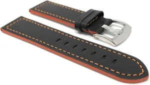 Bandini 20mm Mens Italian Leather Watch Band Strap - Black with Orange Stitch - Racer - Side Color