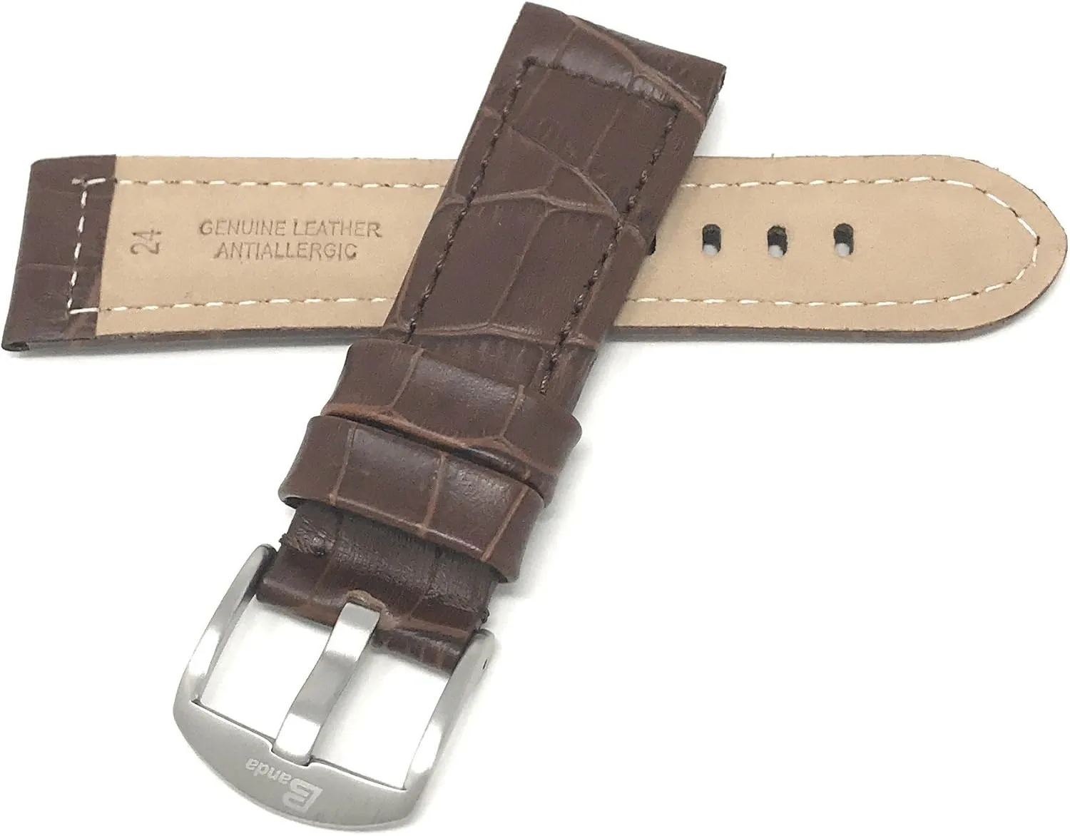 Bandini Mens Leather Watch Band Strap, Alligator Pattern, Large Stainless Steel Buckle, 12 Colors (18mm, 20mm, 22mm, 24mm)