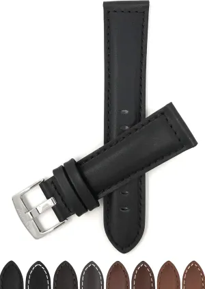 Bandini Mens XL Extra Long Leather Watch Band or Regular Strap, Classic or Buffalo Pattern - 4 Colors, With or Without Stitch - 18mm 20mm 22mm 24mm 26mm 28mm 30mm Leather Watch Band for Men