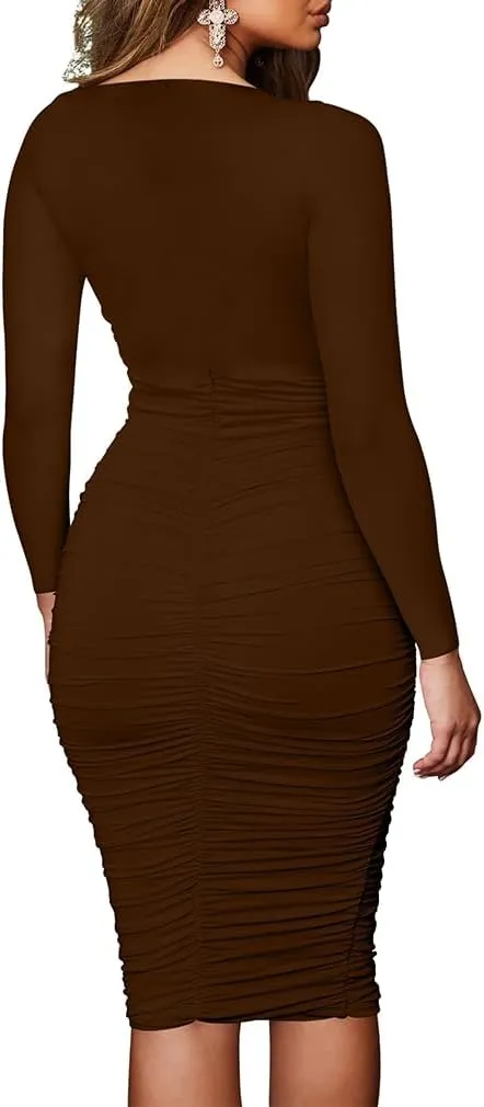 BEAGIMEG Women's Ruched Long Sleeve Elegant Bodycon Basic Casual Midi Dress