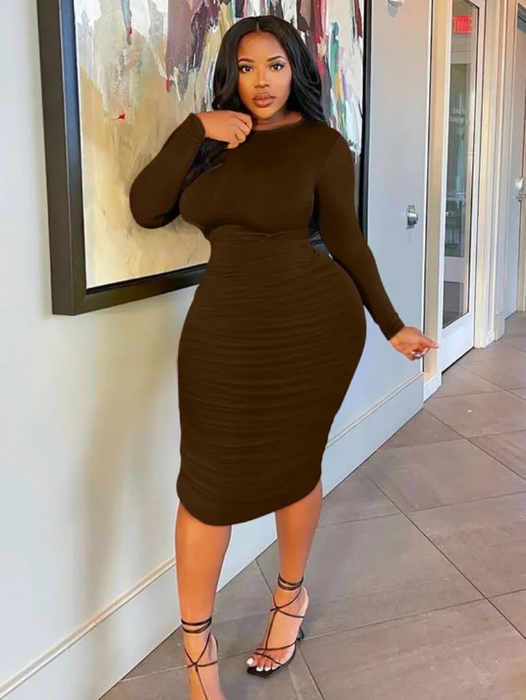 BEAGIMEG Women's Ruched Long Sleeve Elegant Bodycon Basic Casual Midi Dress