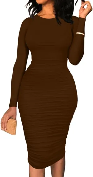 BEAGIMEG Women's Ruched Long Sleeve Elegant Bodycon Basic Casual Midi Dress