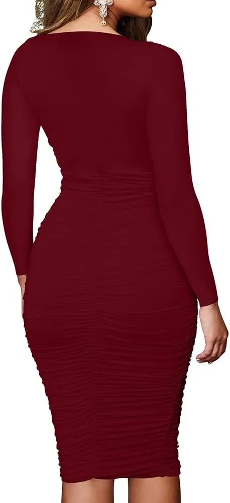 BEAGIMEG Women's Ruched Long Sleeve Elegant Bodycon Basic Casual Midi Dress