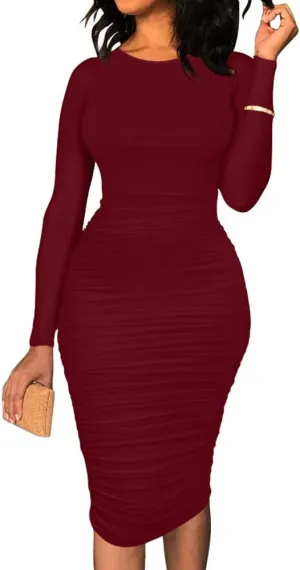 BEAGIMEG Women's Ruched Long Sleeve Elegant Bodycon Basic Casual Midi Dress
