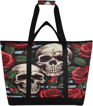 Beautiful Rose and Skull Reusable Insulated Lunchbox Cooler Bag, Leakproof Kitchen Grocery Bag Collapsible Portable Cooler Tote Bag for Picnic, Camping, Office, Travel