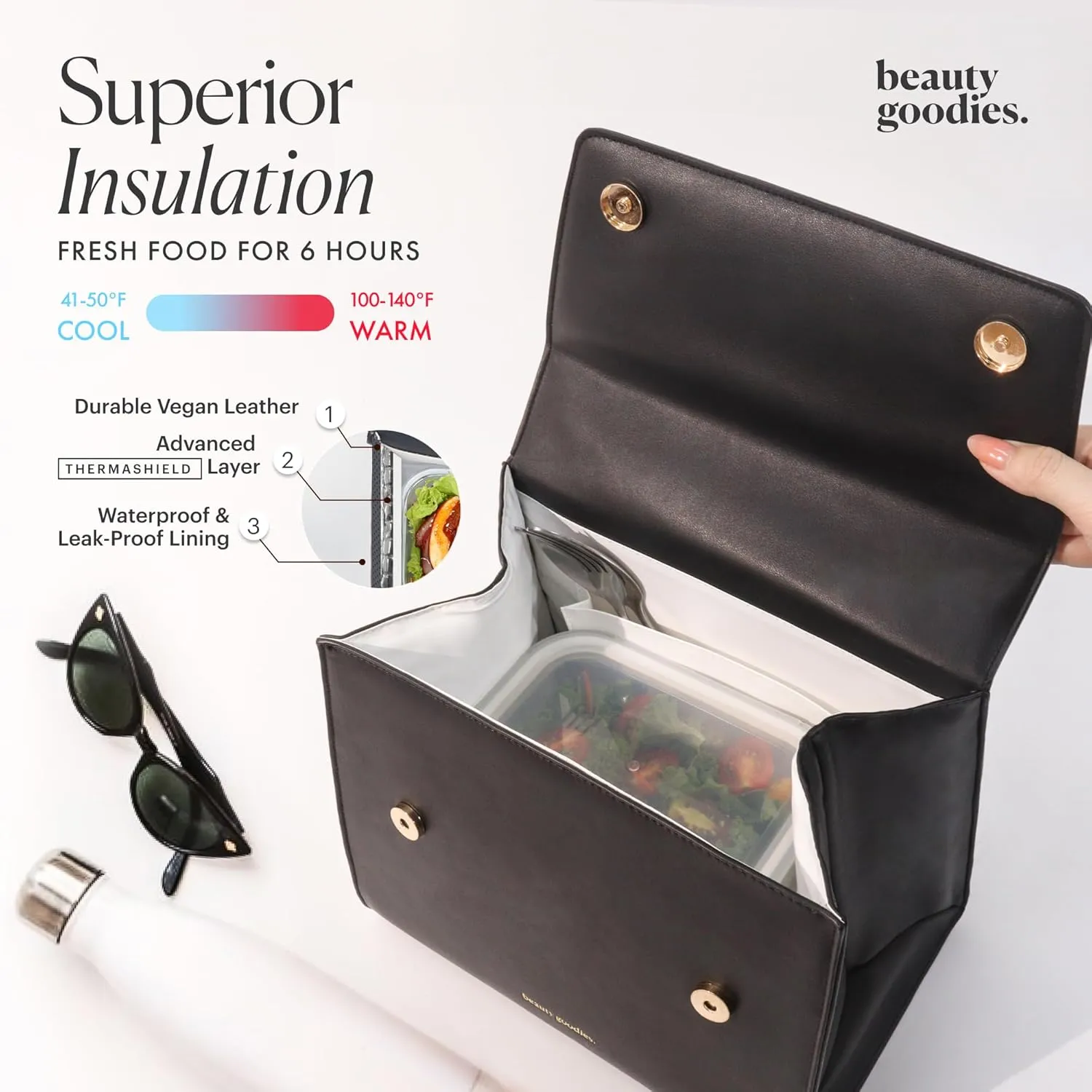 Beauty Goodies Insulated Lunch Bag for Women, Aesthetic Lunch Boxes and Classy Tote Bag Purse with Strap, Professional Ladies Lunch Bags, Chic Lunch Box for Women, the Office and Workplace