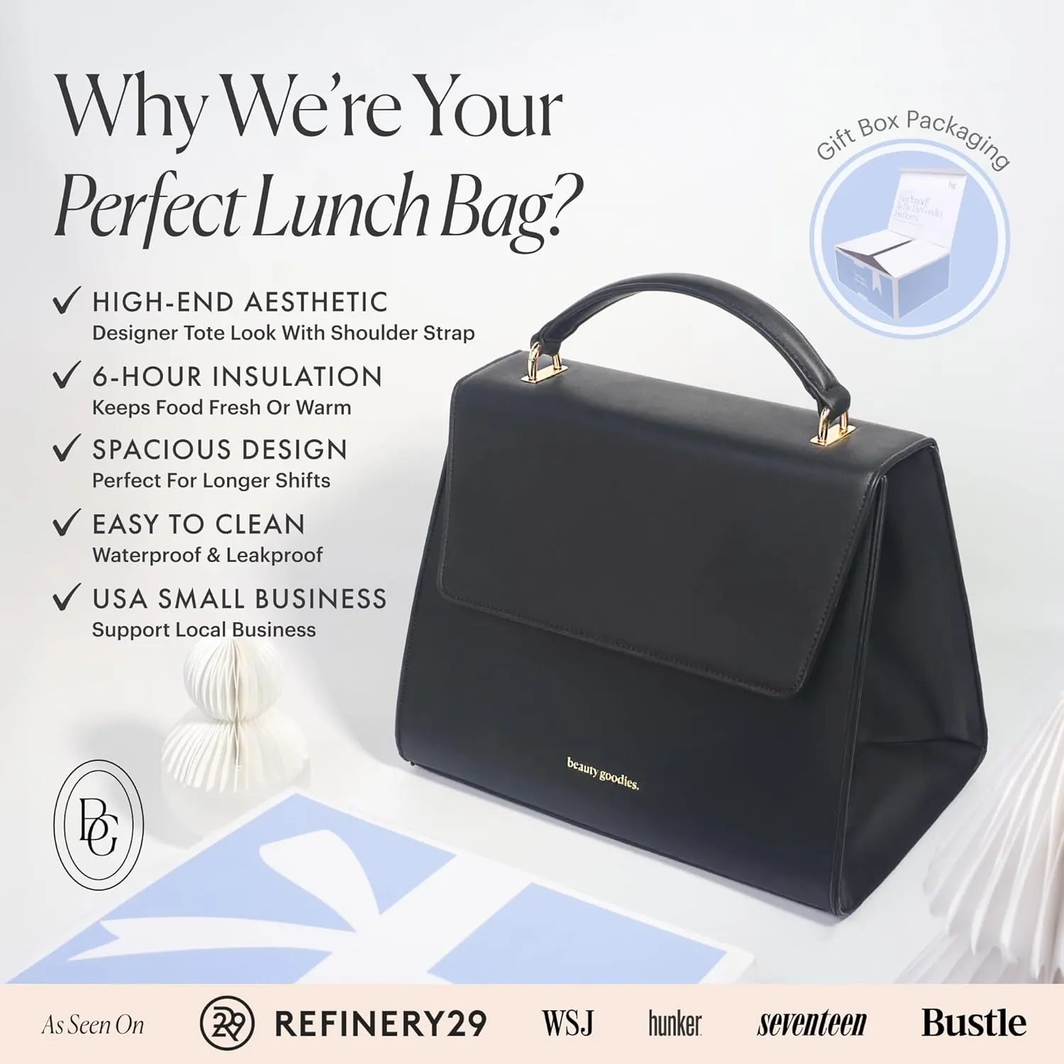 Beauty Goodies Insulated Lunch Bag for Women, Aesthetic Lunch Boxes and Classy Tote Bag Purse with Strap, Professional Ladies Lunch Bags, Chic Lunch Box for Women, the Office and Workplace