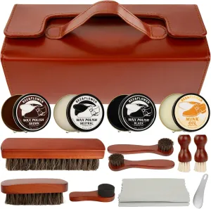 BEE&FLOWER Shoe Polish Kit - 15PCS Luxury Leather Care Set with Horsehair Brush & Wooden Applicator | Cleaning Shine Care Barrel Set | Portable Travel Case Included for Brown/Black Shoes