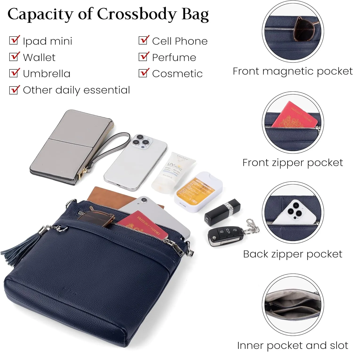 befen Genuine Leather Crossbody Purses for Women, Womens Medium Cross Body Bags Handbag Shoulder Purse with Adjustable Straps