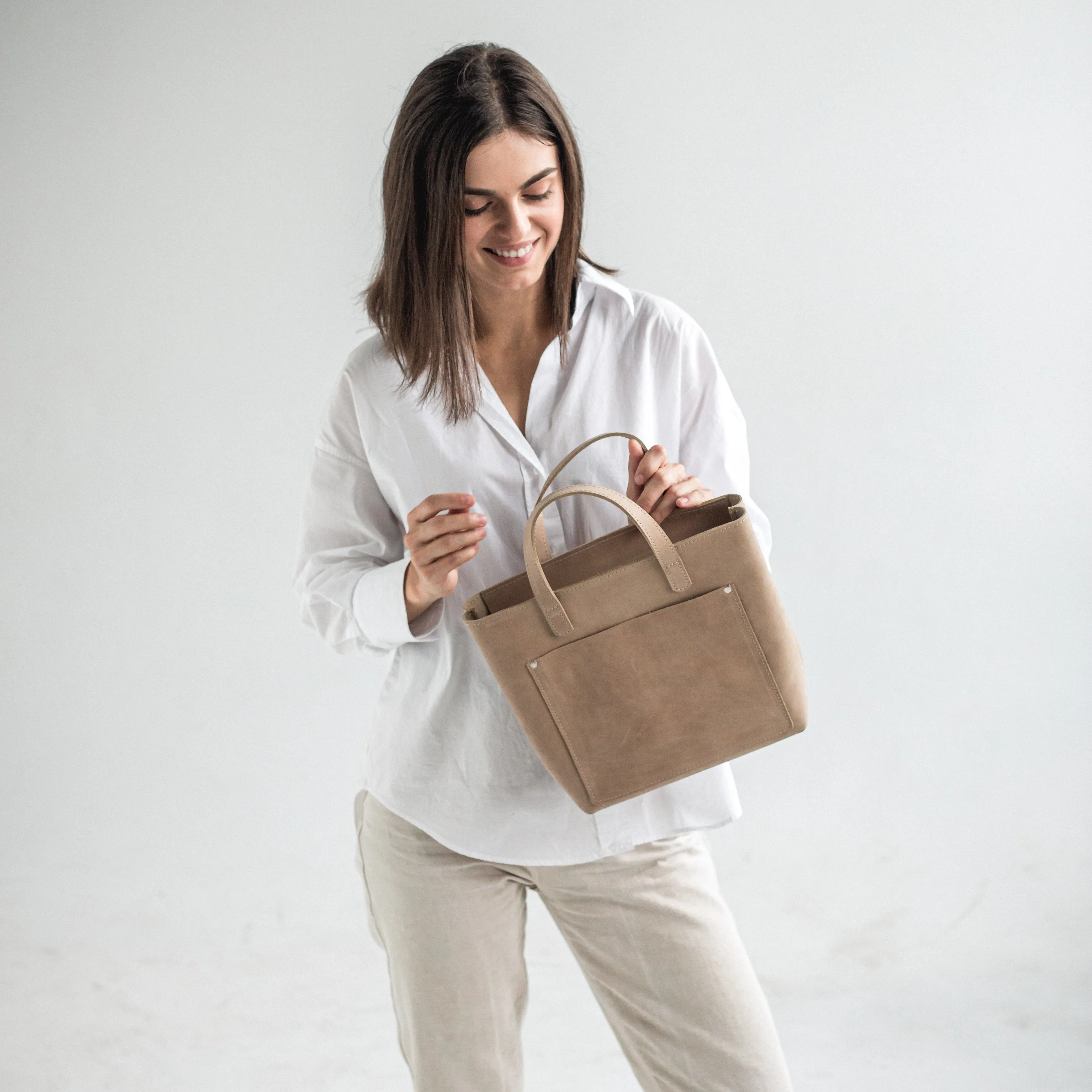 Beige leather mini tote bag