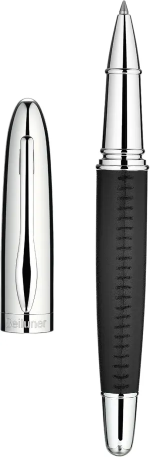 BEILUNER 318 Luxury Leather Pen, Hand-Stitched Premium Leather, Chrome-Plated Finish, Schmidt Ink Refill, Best Rollerball Pen Gift for Men & Women, Refillable, Executive Writing, Nice Pens