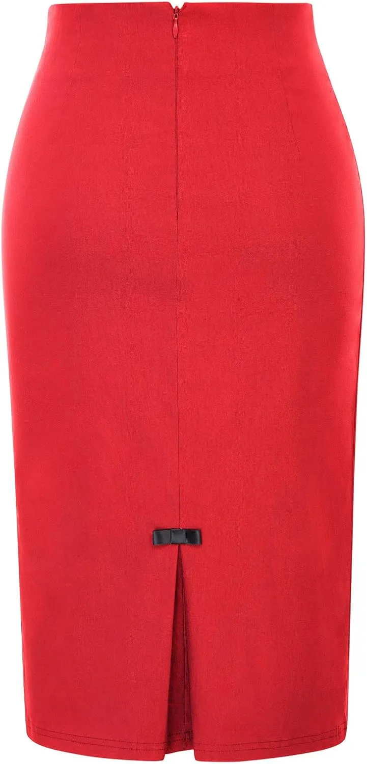 Belle Poque Women Midi High Waist Office Stretchy Pencil Skirt with Bow-Knot BP587