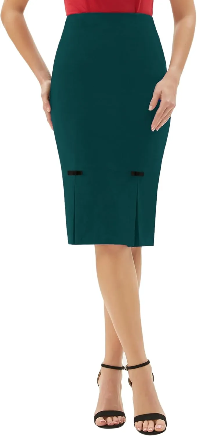 Belle Poque Women Midi High Waist Office Stretchy Pencil Skirt with Bow-Knot BP587