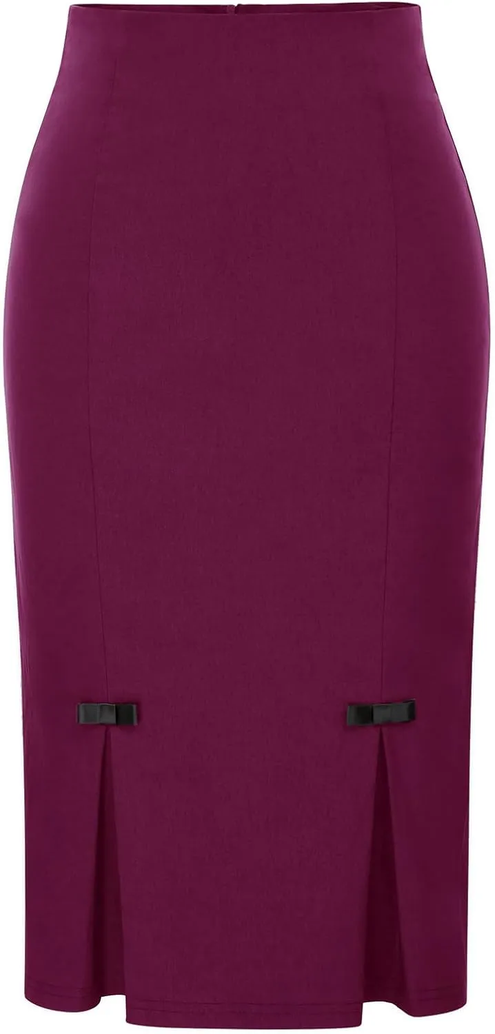 Belle Poque Women Midi High Waist Office Stretchy Pencil Skirt with Bow-Knot BP587