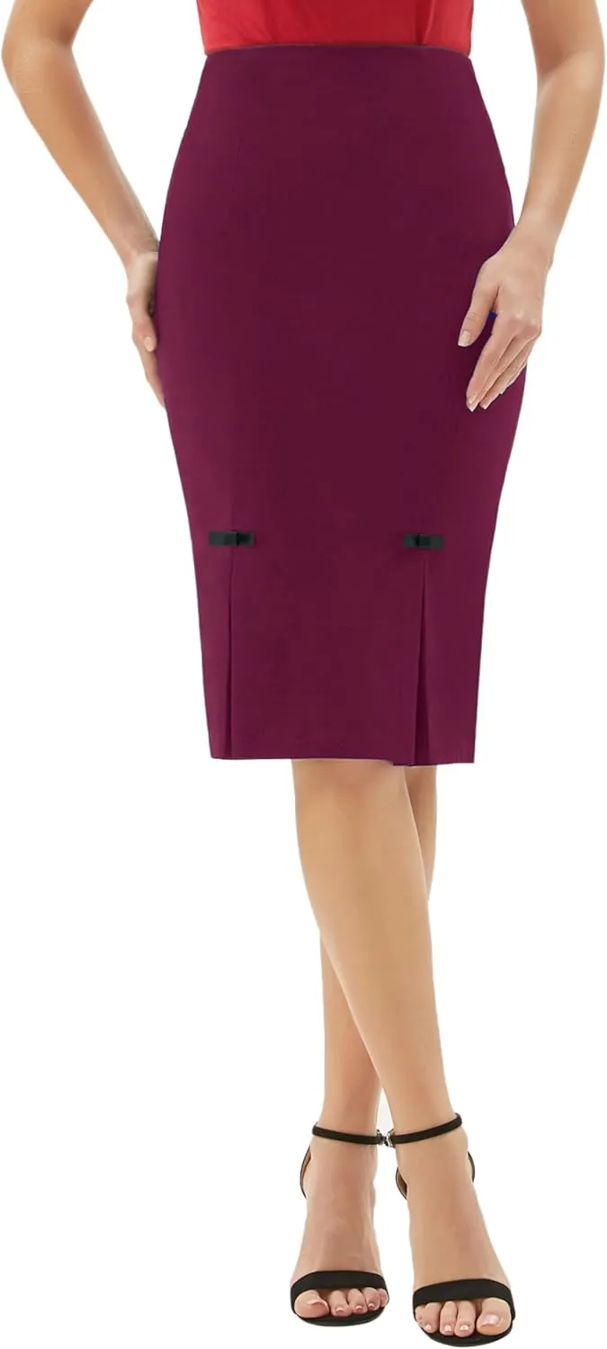 Belle Poque Women Midi High Waist Office Stretchy Pencil Skirt with Bow-Knot BP587