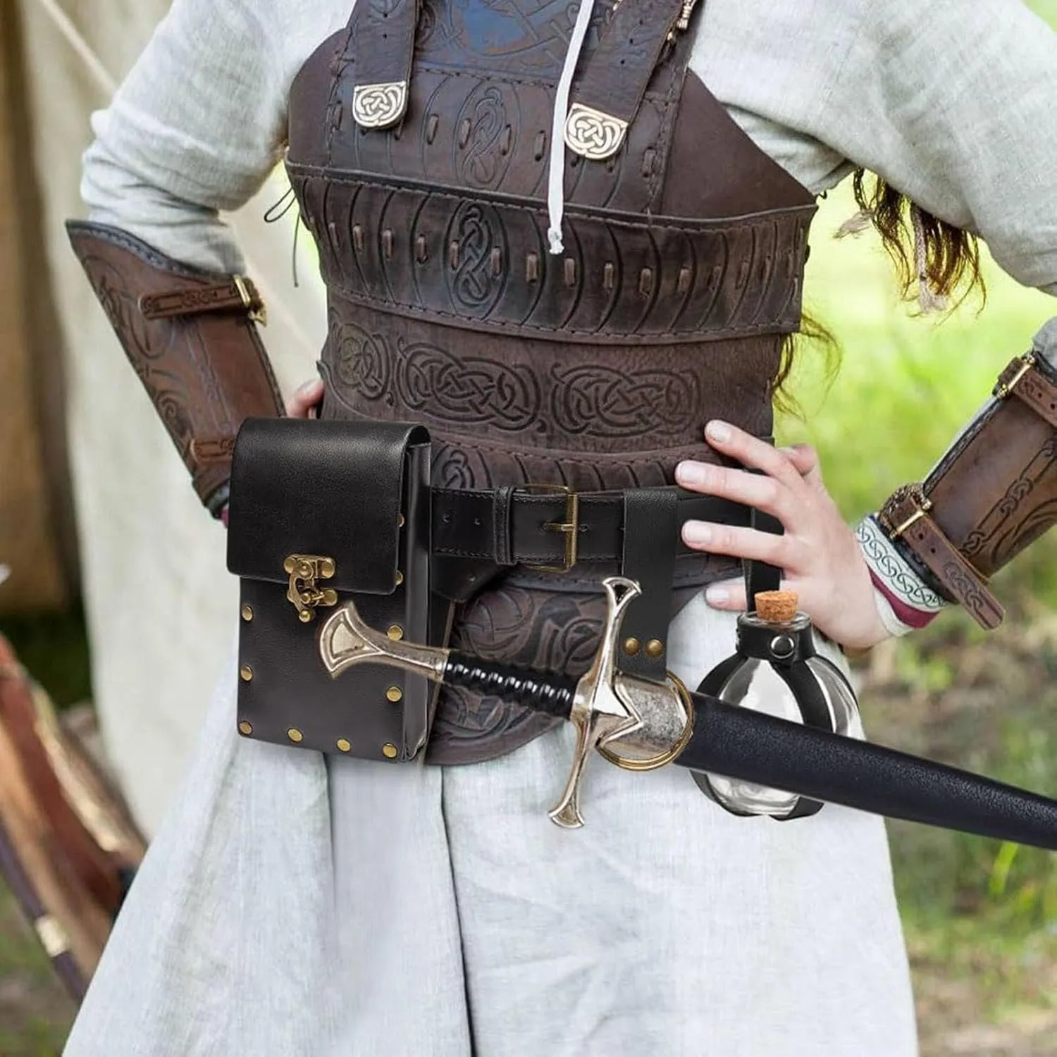 Belt Pouch Waist Bag Fanny Pack Steampunk Phone Holder Medieval Bag Leather Belt Renaissance Cosplay Costume Accessories (Tri-Black)
