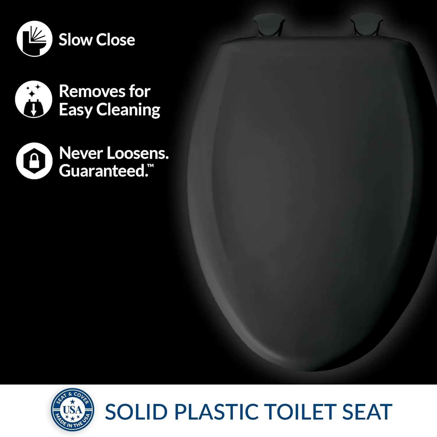 Bemis Classic Colors Slow Close Toilet Seat, Easy Clean Hinges and Durable Plastic Seat, Made in USA, Elongated, Black