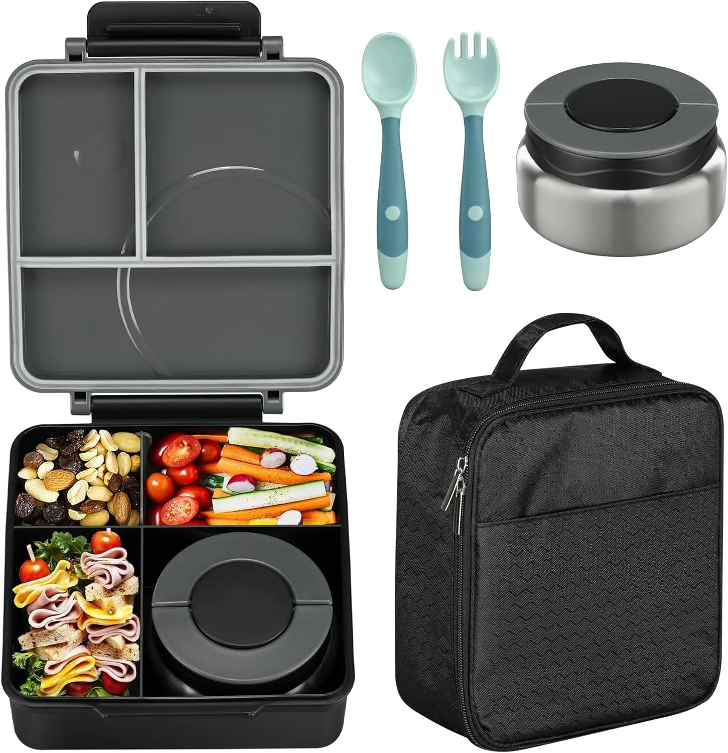 Bento Lunch Box Set for Kids with 8oz Soup Thermo, Leak-Proof Lunch Containers with 4 Compartment, Kids Thermo Hot Food Jar and Insulated Lunch Bag for Kid to School-Black