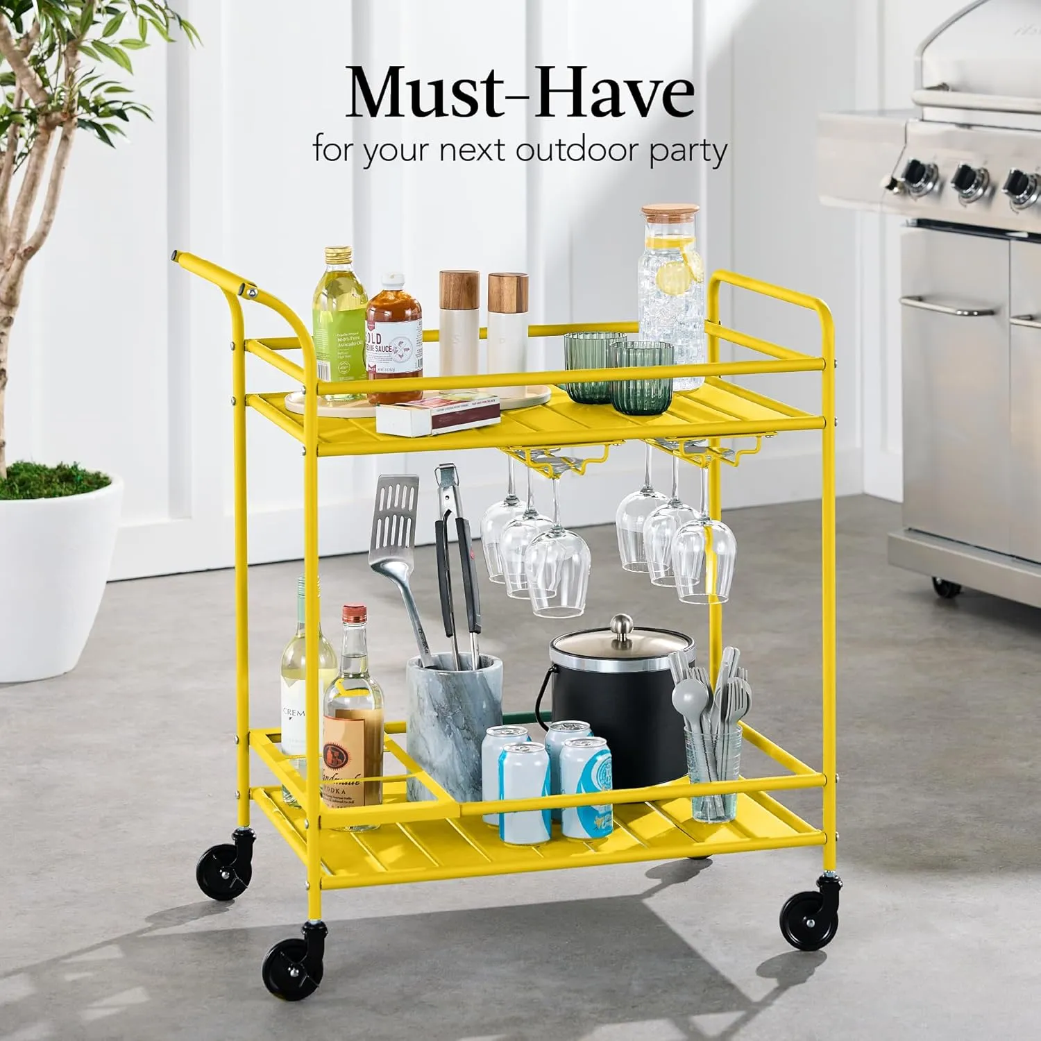 Best Choice Products Outdoor Mobile Patio Bar Cart, Home Bar Serving Cart, BBQ Side Table w/ 2 Tier Storage, Wine Rack, Lockable Wheels - Yellow